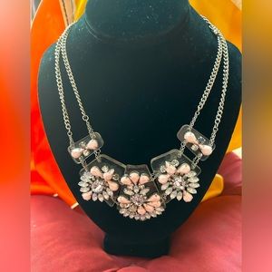 VTG Plastic pink and white rhinestone choker with silver metal. Statement piece.
